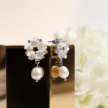 Load image into Gallery viewer, Cluster Flower Drop with Pearl Drop Earrings