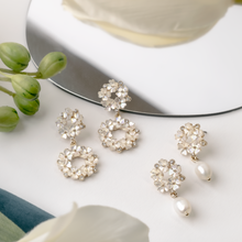 Load image into Gallery viewer, Cluster Flower Drop with Pearl Drop Earrings