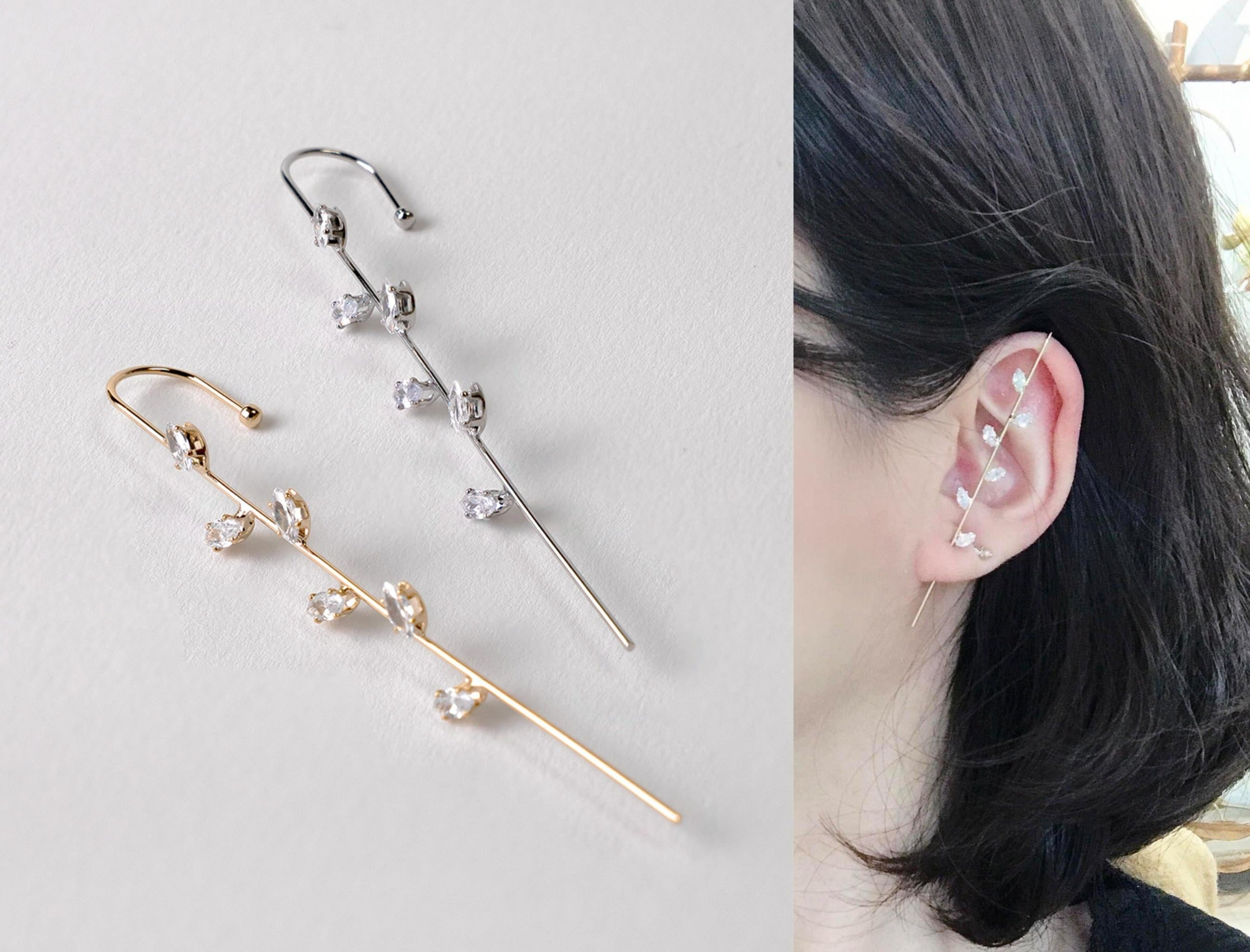 CZ Leaf Long Arc stick Ear Wrap earring/ Bar Climber/ Ear Cuff