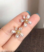 Load image into Gallery viewer, Dainty Gold Pearl Flower Stud Earrings, Minimalist Small Flower Stud Earrings, Simple Pearl Earrings, Bridal Bridesmaid Earrings, AlexkBoutique
