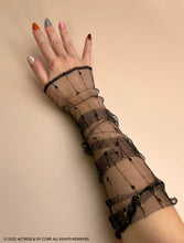 Load image into Gallery viewer, Gold Thread Lace Fingerless Gloves, Sparkling Soft Lace XX Long Gloves, Arm Sleeves, Sheer Arm Warmers, UV Protect Sleeves, Bridal Gloves
