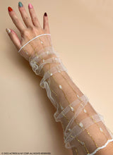 Load image into Gallery viewer, Gold Thread Lace Fingerless Gloves, Sparkling Soft Lace XX Long Gloves, Arm Sleeves, Sheer Arm Warmers, UV Protect Sleeves, Bridal Gloves
