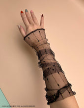 Load image into Gallery viewer, Gold Thread Lace Fingerless Gloves, Sparkling Soft Lace XX Long Gloves, Arm Sleeves, Sheer Arm Warmers, UV Protect Sleeves, Bridal Gloves
