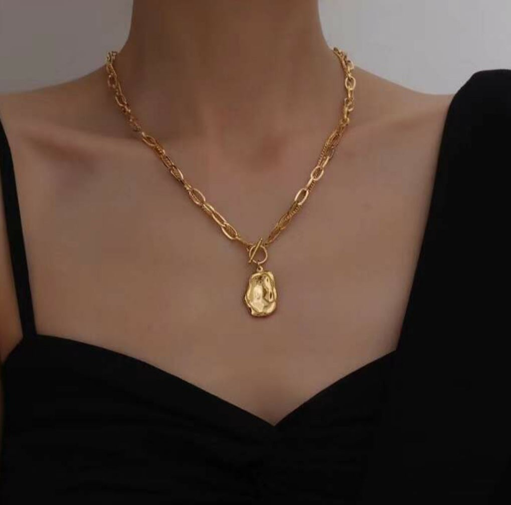 Gold Double Layered Necklace with Hammered Pendant
