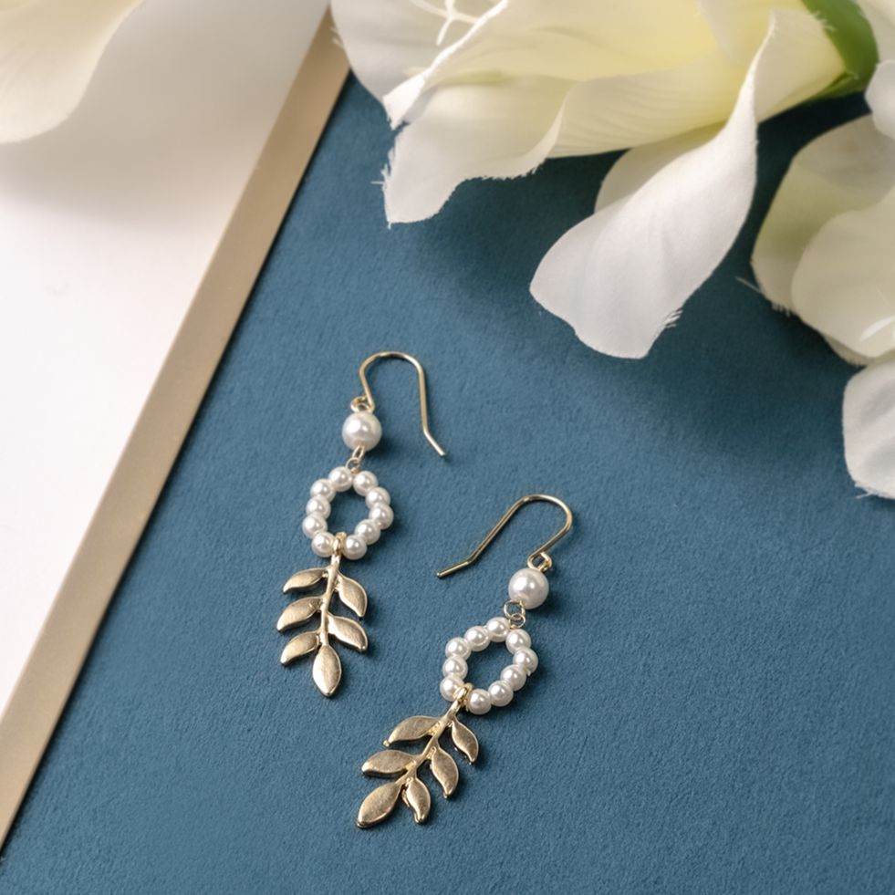 Simple Leaf Drop Earrings with Pearls