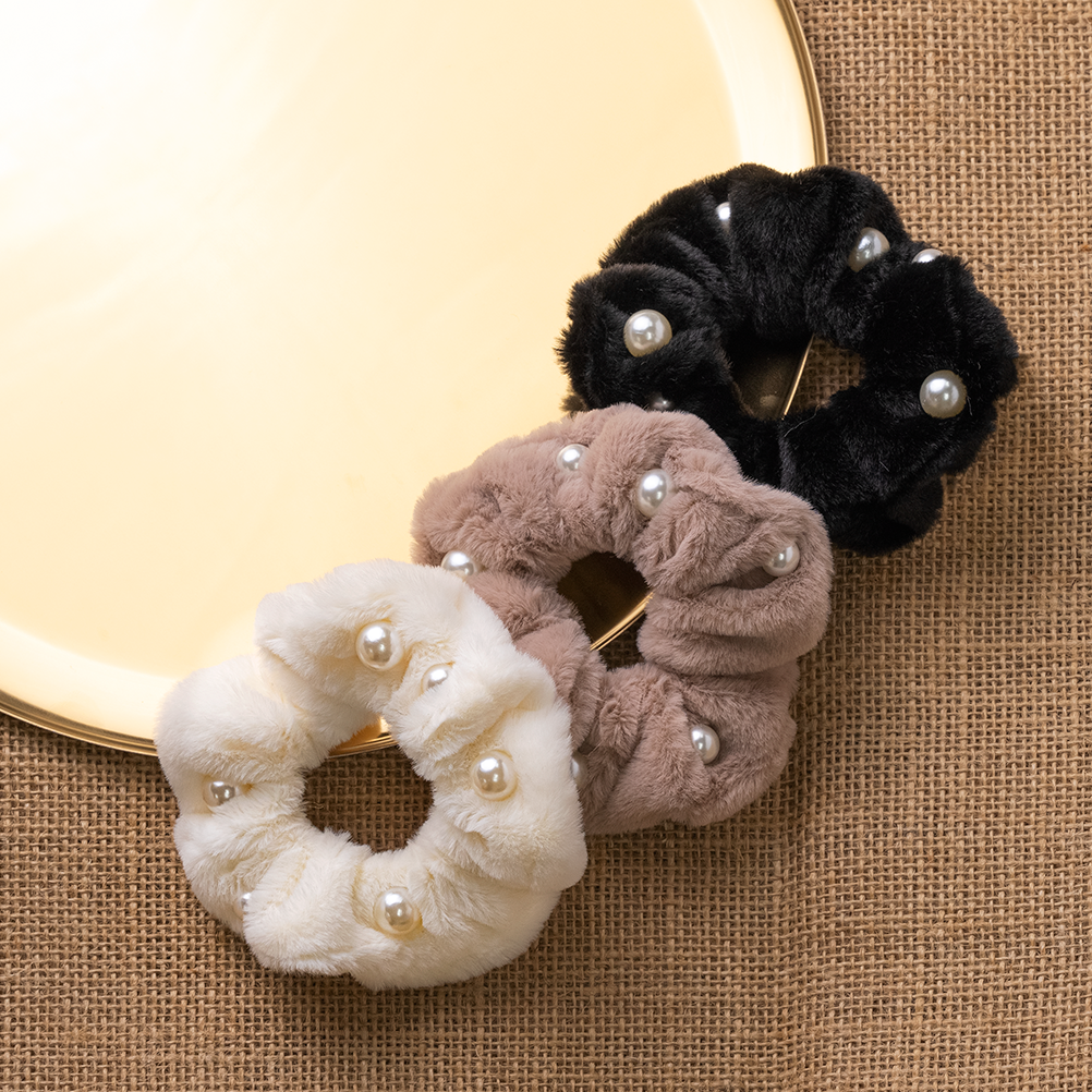 3pcs Set of Soft Fur with Pearl Hair Ponytail Scrunchie