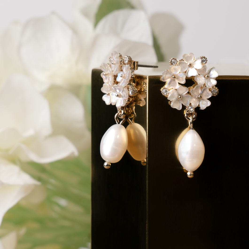 Cluster Flower Drop with Pearl Drop Earrings