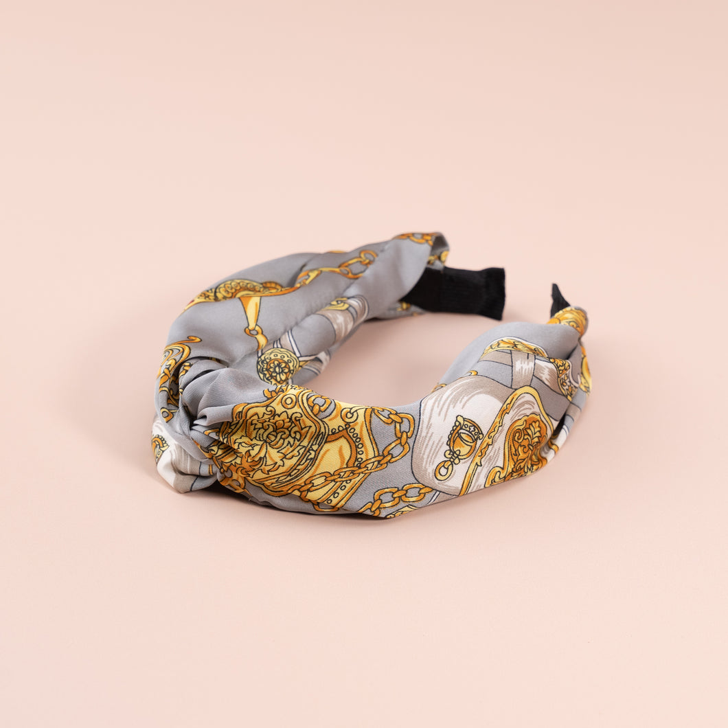 Luxury Chain Pattern Top Knot Headband, Silk Fall Winter Knotted Headband