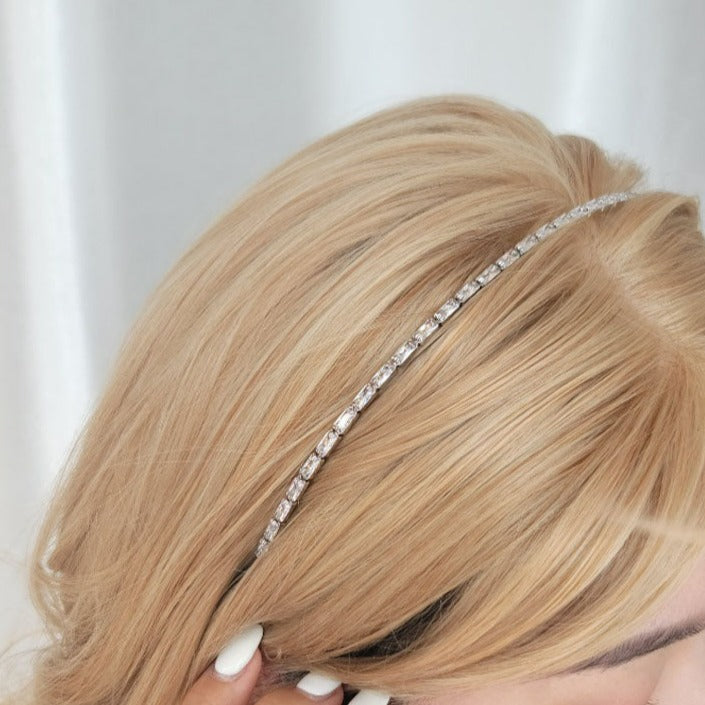 Modern Silver CZ Headband, Minimalist Simple Baguette Cubic Hair Band